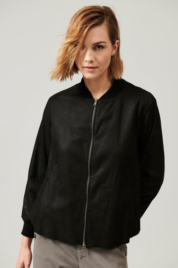 Blouson zippé évasé en cuir nappa doublé en drap de laine léger | 1013.CFDTRY3382.10