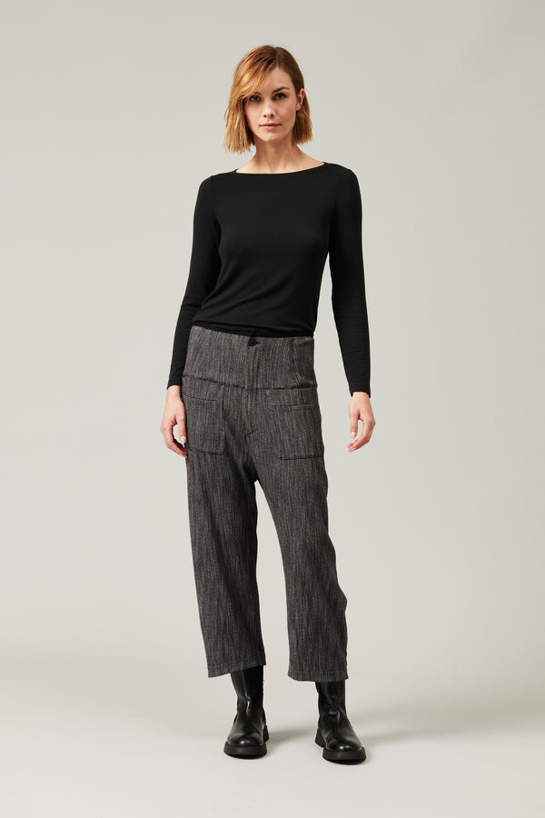 Stretch wool blend micro-patterned low crotch trousers with high band with knitted contrasting profi | 1013.CFDTRYF151.13