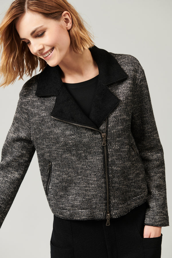 Wool-blend knit jacket with double-slider zip, patterned outside and plain inside with wide collar | 1013.CFDTRYY340.10