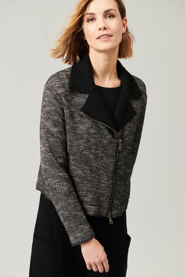 Wool-blend knit jacket with double-slider zip, patterned outside and plain inside with wide collar | 1013.CFDTRYY340.10