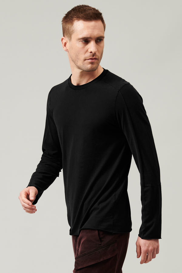 Long cotton jersey t-shirt with knitted collar and raw cut bottoms | 1013.CFUTRY1363.U10