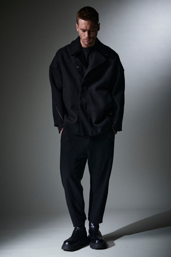 Raw cut boiled wool oversized peacoat. front and sleeves contrasting stitching | 1013.CFUTRYL215.U10