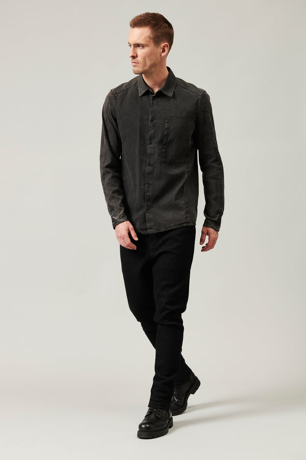 Fade denim look regular-fit shirt in micro-weave cotton and linen fabric with patch pocket | 1013.CFUTRYU300S.U201